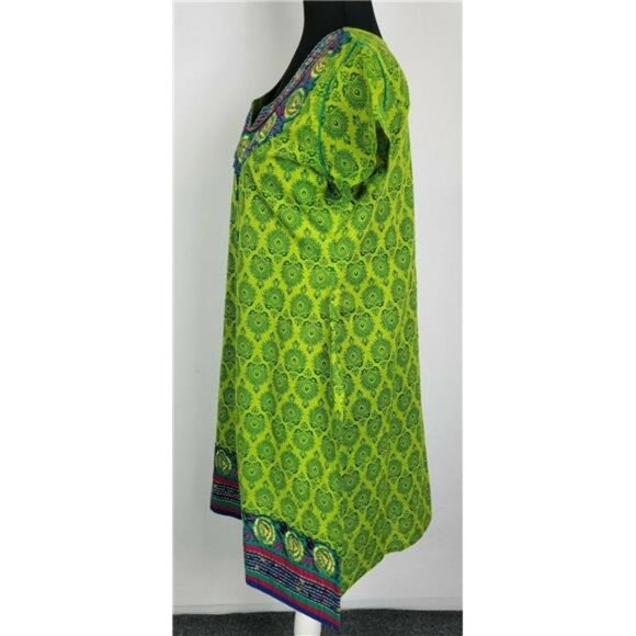 Green Boho Embroidered Tunic Dress Women XL Short Sleeve Split Neck - Picture 6 of 8